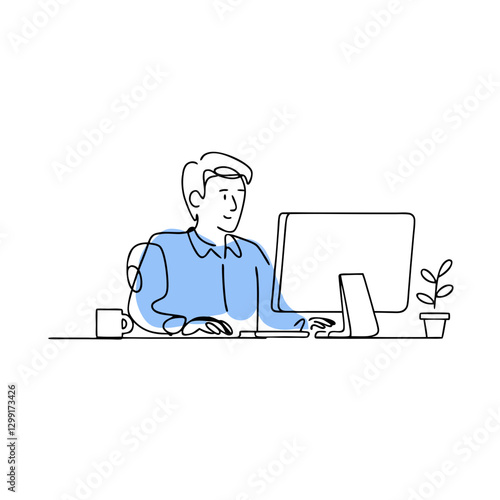 Minimalist Vector Illustration of Professional Working at Computer Desk