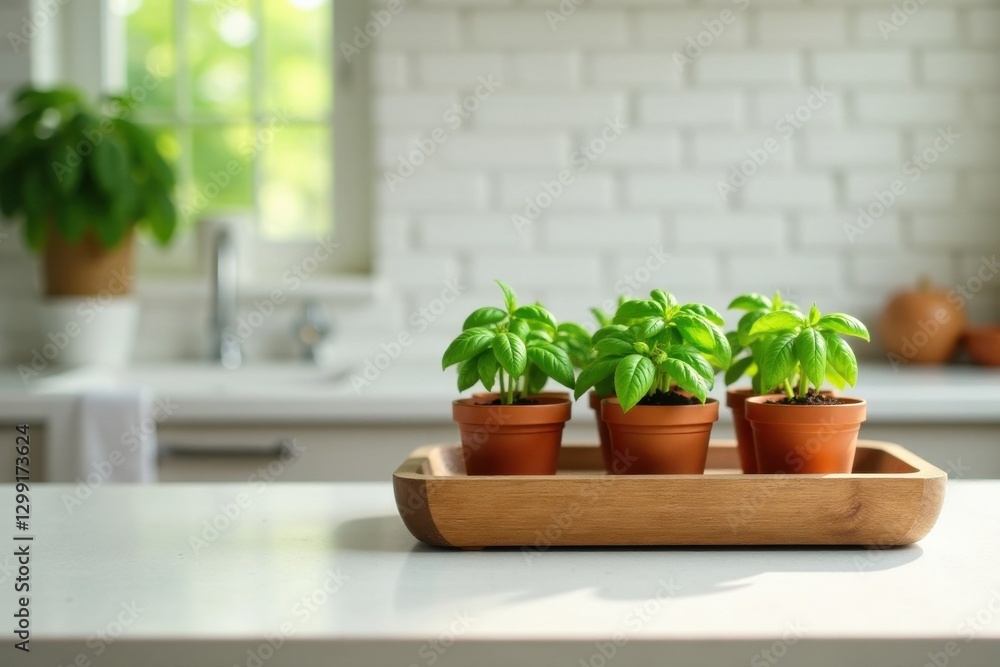 Fresh Basil Plants in Terracotta Pots on Kitchen Countertop in Wooden Tray Fresh Basil Plants in Terracotta Pots on Kitchen Countertop in Wooden Tray