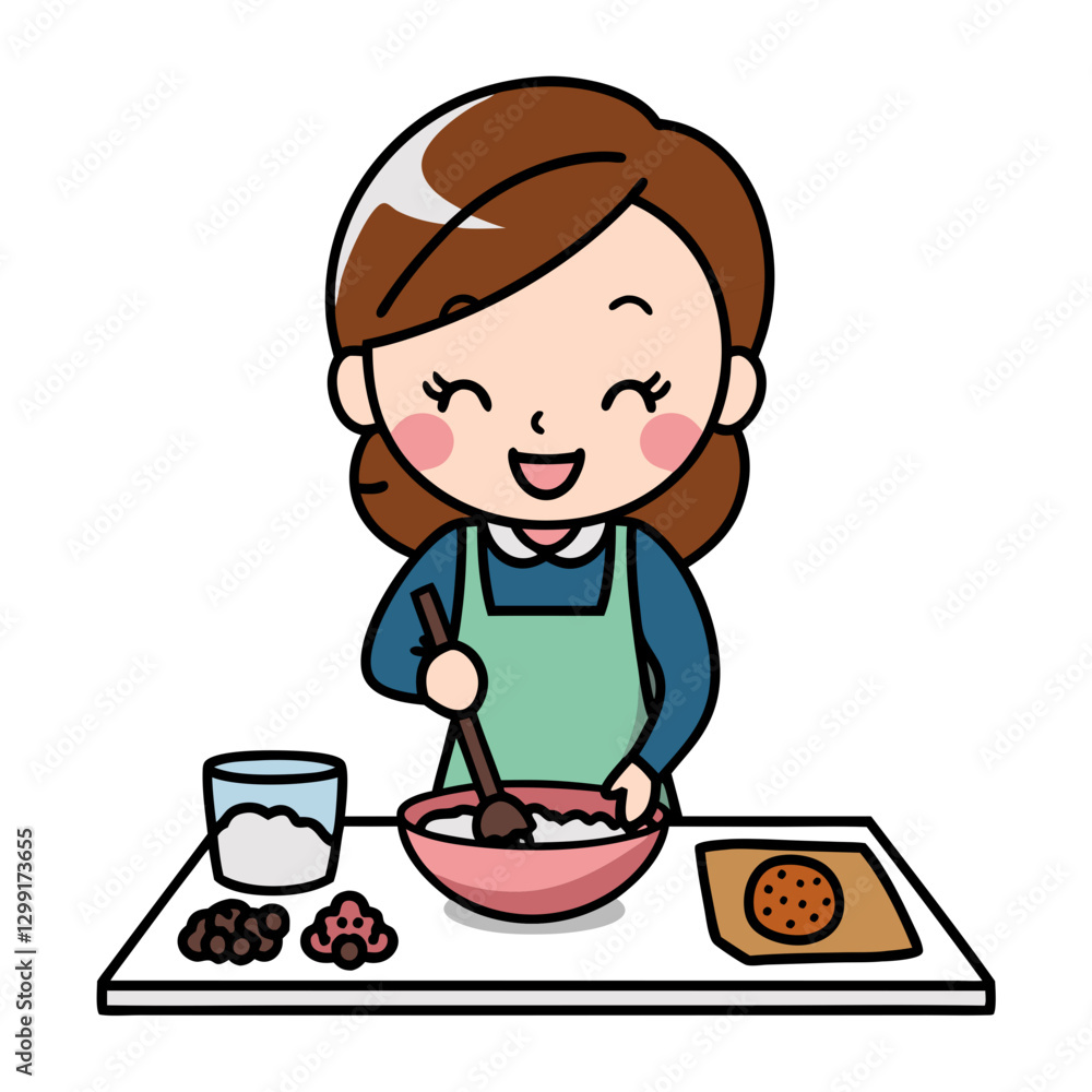 Cute Cartoon Girl Baking Cookies Mixing Ingredients in Kitchen Vector Illustration Cute Cartoon Girl Baking Cookies Mixing Ingredients in Kitchen Vector Illustration