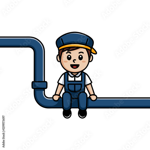 Cartoon Plumber Sitting on Pipe Cute Vector Illustration for Construction Themes