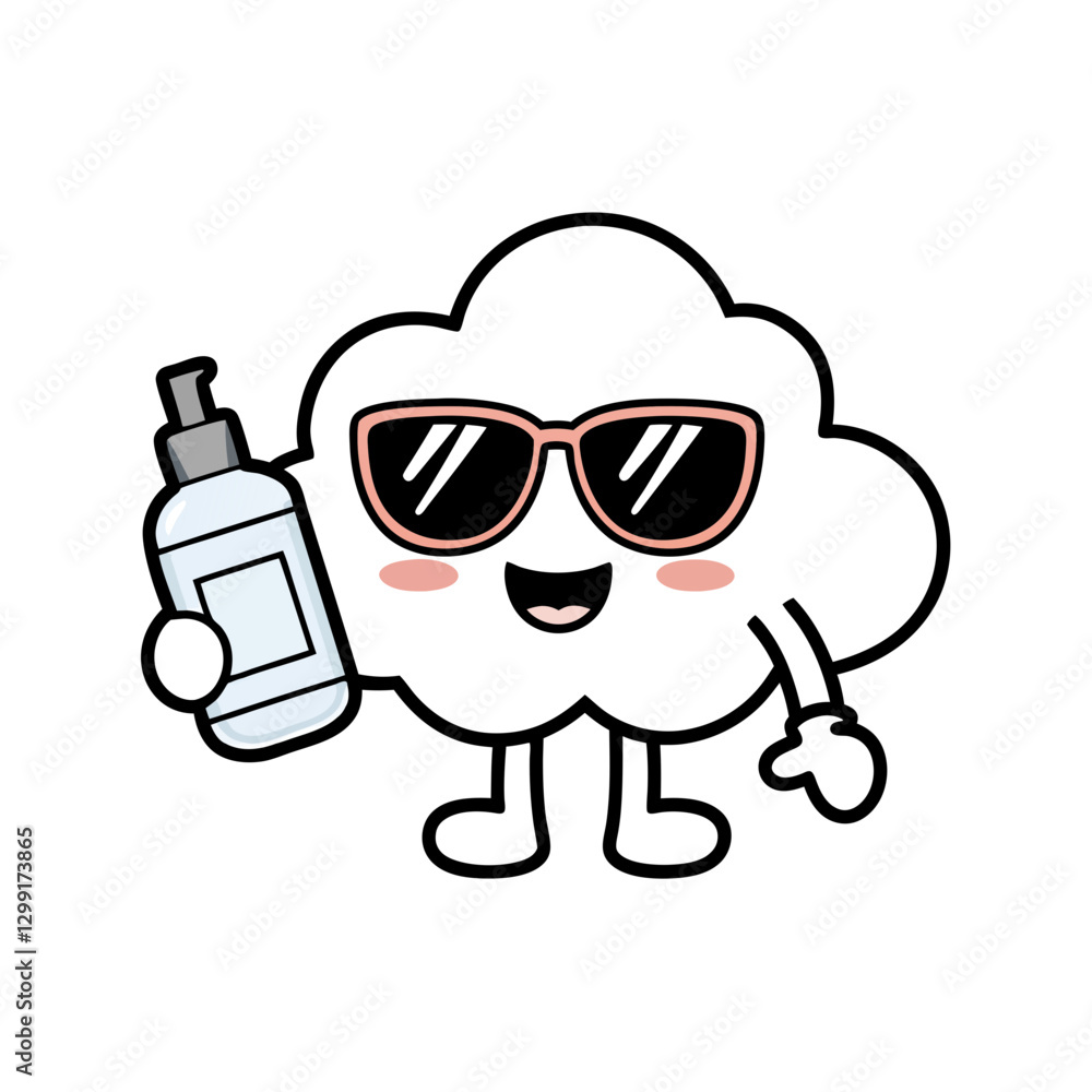 Cool Cloud Character with Sunglasses and Lotion Bottle Vector for Weather and Skincare Cool Cloud Character with Sunglasses and Lotion Bottle Vector for Weather and Skincare