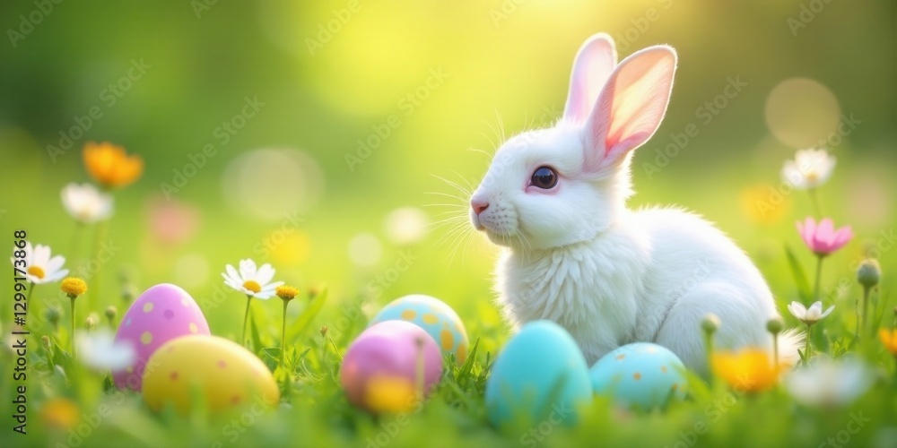 Fototapeta premium A fluffy white bunny rabbit sits amidst colorful Easter eggs and vibrant wildflowers in a sunlit meadow, enjoying the springtime season.