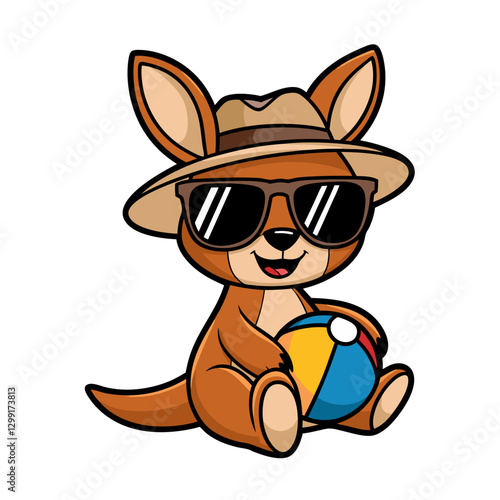 Cute Kangaroo Cartoon Wearing Sunglasses With Beach Ball and Hat Vector Illustration