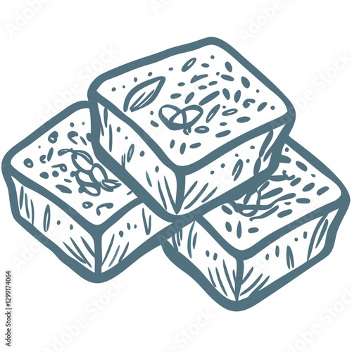 Hand Drawn Vector of Three Textured Sponge Cakes with Seeds and Leaves
