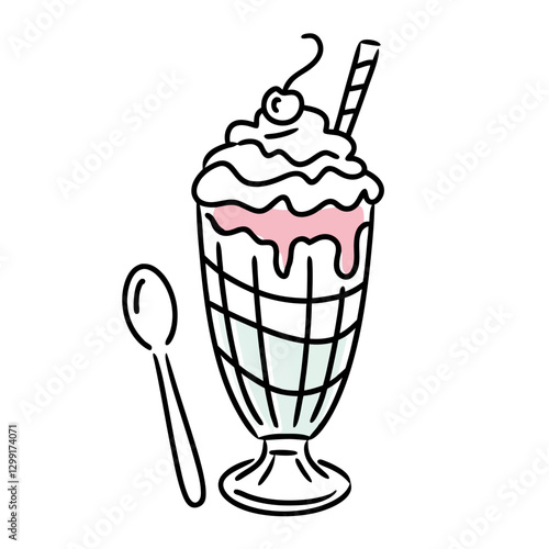 Vintage Ice Cream Sundae with Cherry and Straw in Tall Glass with Spoon