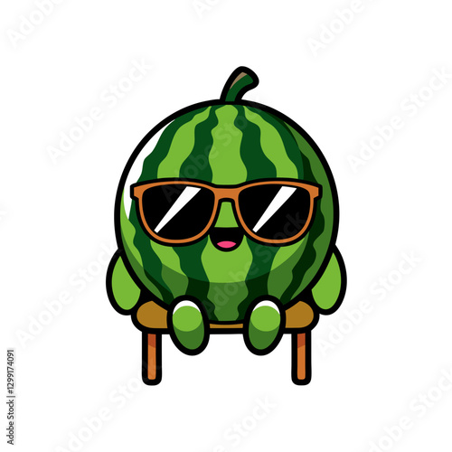 Cute Watermelon Cartoon with Sunglasses Sitting on Bench Vector Illustration