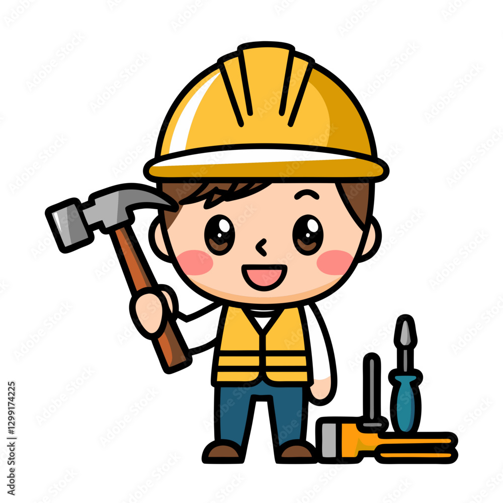 Cute Construction Worker Holding Hammer Vector for Educational and Design Use Cute Construction Worker Holding Hammer Vector for Educational and Design Use