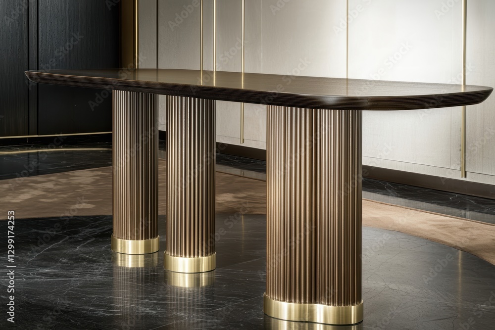 Obraz premium A handcrafted wooden dining table with golden leg accents, surrounded by plush earth-toned seating