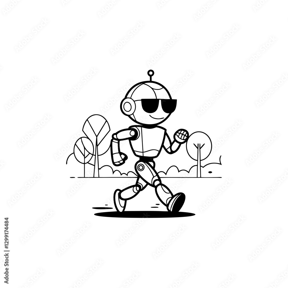 Cool Robot Cartoon Running Outdoors with Sunglasses in Minimalist Style Vector Art Cool Robot Cartoon Running Outdoors with Sunglasses in Minimalist Style Vector Art