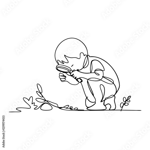 Curious Child with Magnifying Glass Nature Exploration Line Art