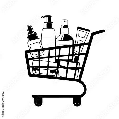 Shopping Cart Filled with Skincare and Beauty Products Vector Illustration