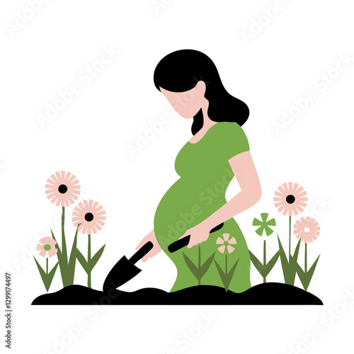 Pregnant Woman Gardening Vector Illustration Symbolizing Nature and Growth
