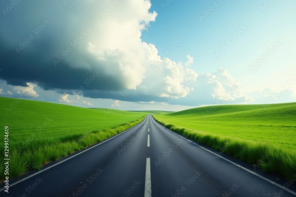 Asphalt Path Through Verdant Rolling Hills Under a Dramatic Sky Asphalt Path Through Verdant Rolling Hills Under a Dramatic Sky