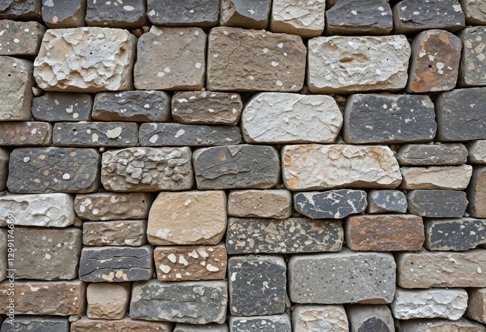 A close-up image of a weathered stone wall, composed of square and rectangular blocks in various shades of gray, beige, and white, with some patches of moss and lichen A close-up image of a weathered stone wall, composed of square and rectangular blocks in various shades of gray, beige, and white, with some patches of moss and lichen