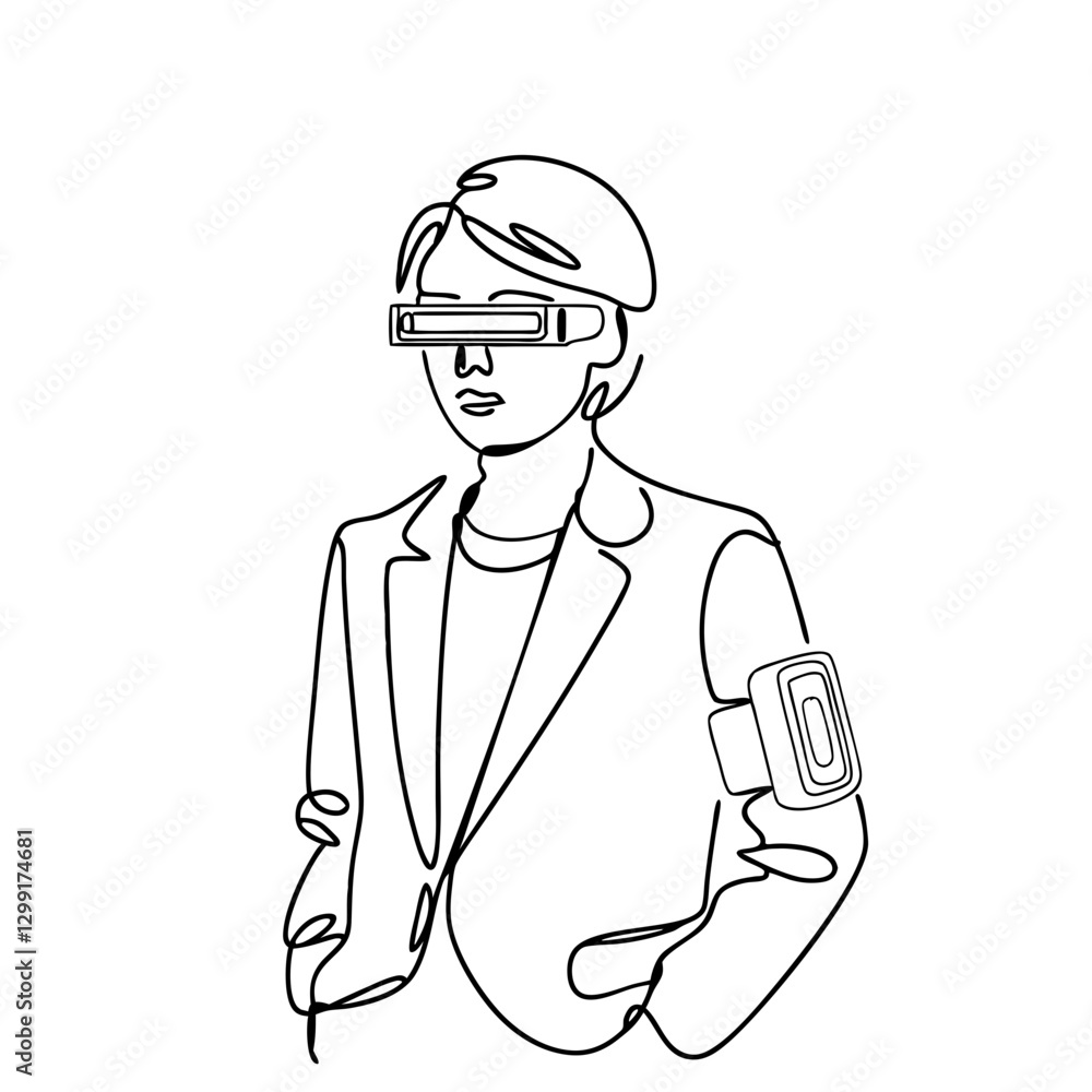 Futuristic Business Professional Wearing Smart Glasses and Tech Armband Line Art Vector Futuristic Business Professional Wearing Smart Glasses and Tech Armband Line Art Vector