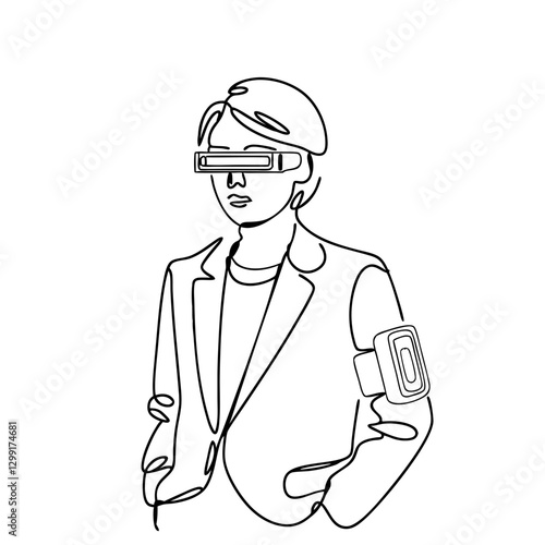 Futuristic Business Professional Wearing Smart Glasses and Tech Armband Line Art Vector
