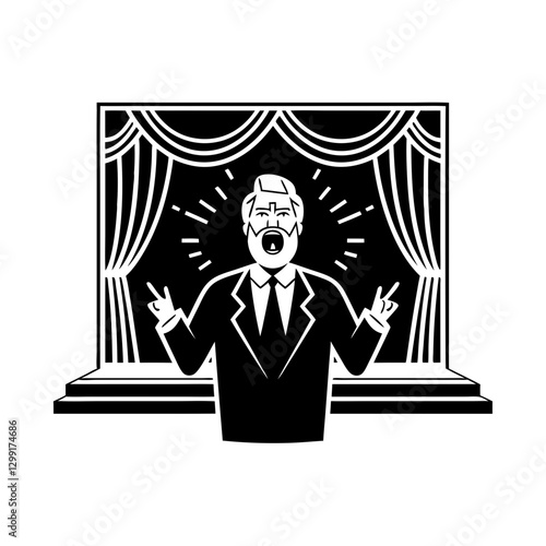 Vector Illustration of Opera Singer Performing on Stage with Dramatic Curtains