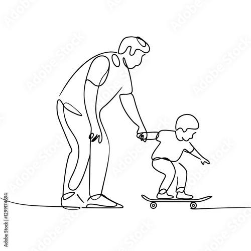 Father Teaching Child Skateboarding Line Art for Family Bonding and Learning