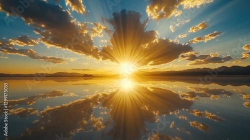Stunning Sunrise Over Salt Flat Surface Reflecting Sky Hues