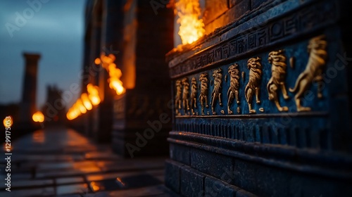 Ancient Babylonian street with illuminated torches and lion reliefs at dusk