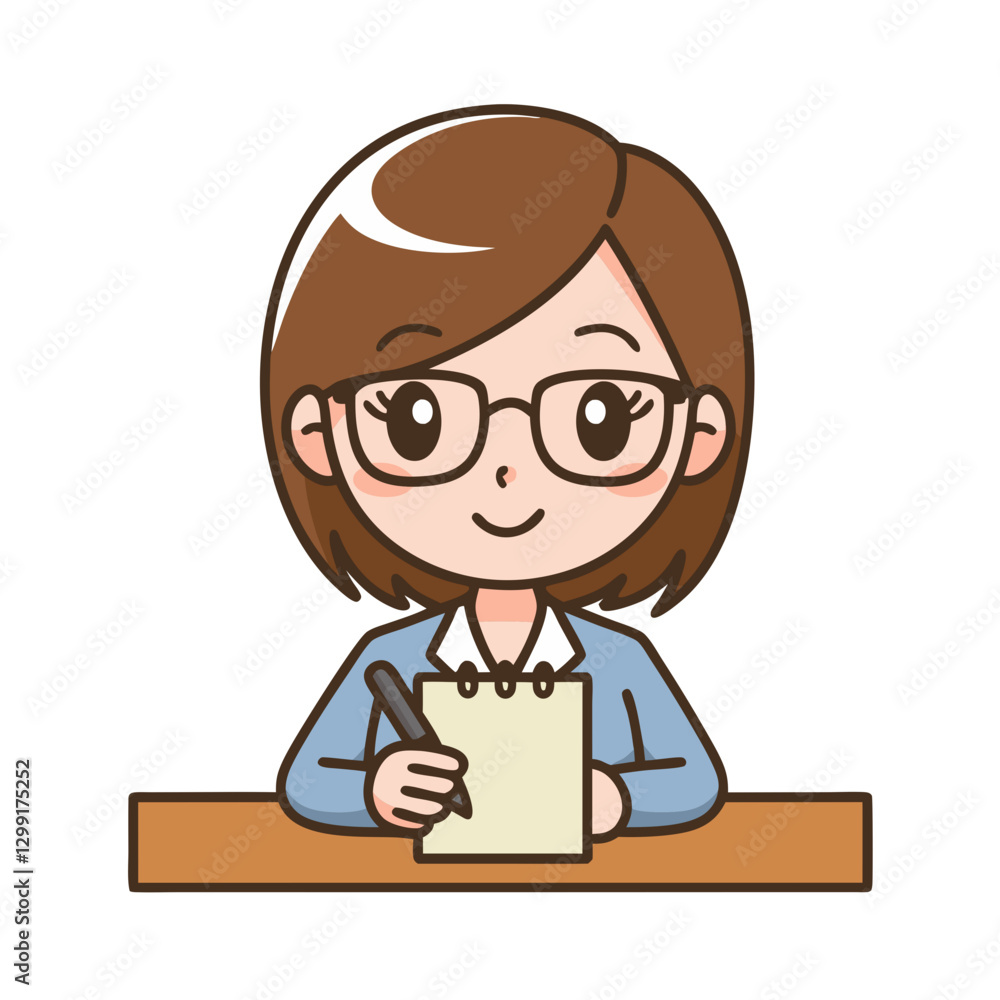 Cartoon Woman Writing Notes at Desk with Notebook and Pen Vector Illustration Cartoon Woman Writing Notes at Desk with Notebook and Pen Vector Illustration