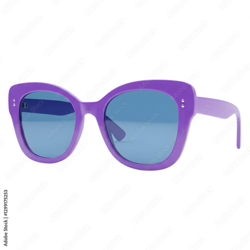 A pair of vibrant purple sunglasses with oversized frames and blue lenses isolated on transparent background A pair of vibrant purple sunglasses with oversized frames and blue lenses isolated on transparent background