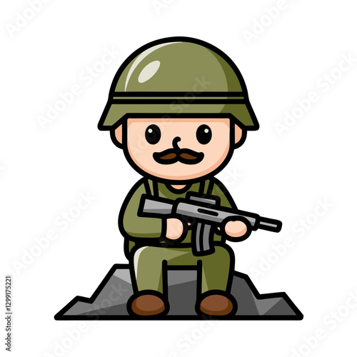 Cartoon Soldier Character Vector with Helmet and Rifle in Military Green Uniform