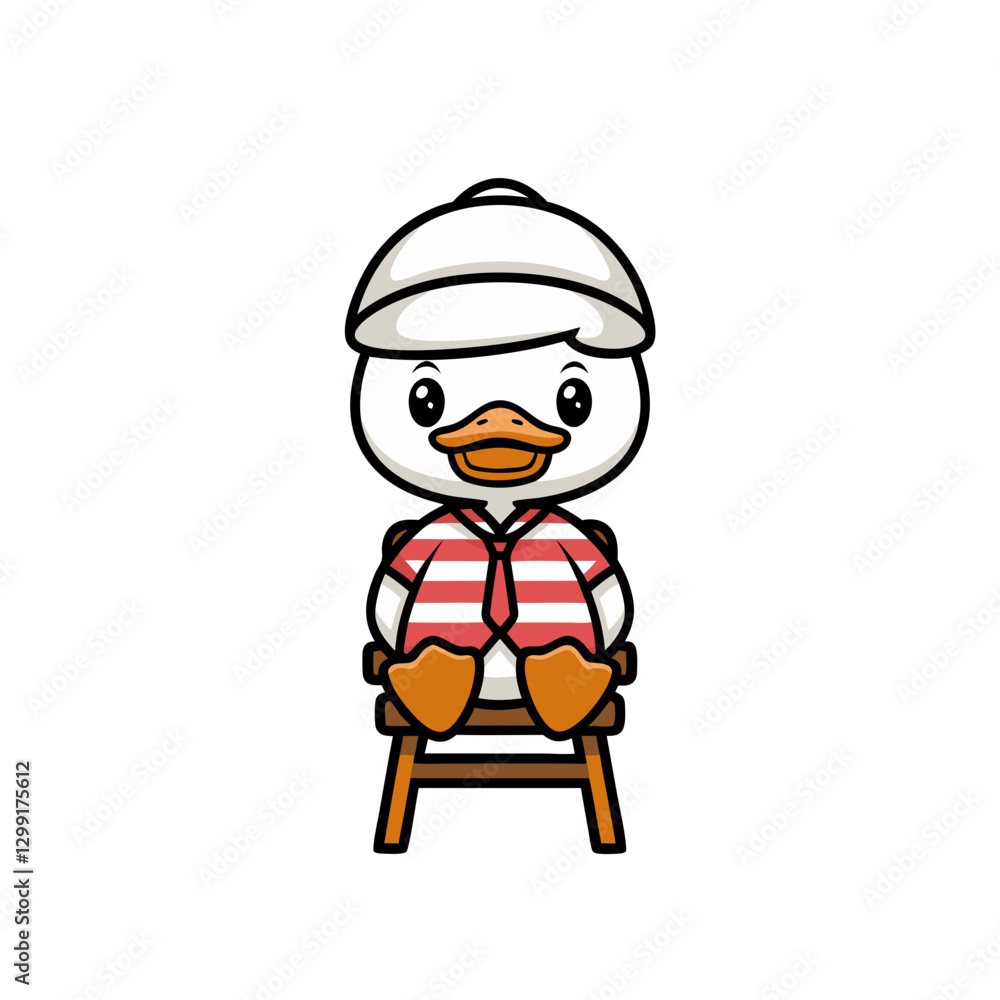 Fototapeta premium Cute Cartoon Duck in Striped Shirt and Hat Sitting on Chair Vector Art