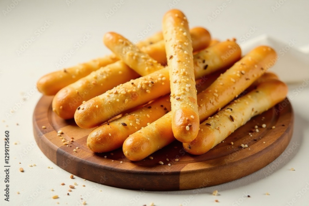 A delectable arrangement of freshly baked breadsticks, generously sprinkled with sesame seeds and assorted spices, artfully presented on a rustic wooden board. A delectable arrangement of freshly baked breadsticks, generously sprinkled with sesame seeds and assorted spices, artfully presented on a rustic wooden board.