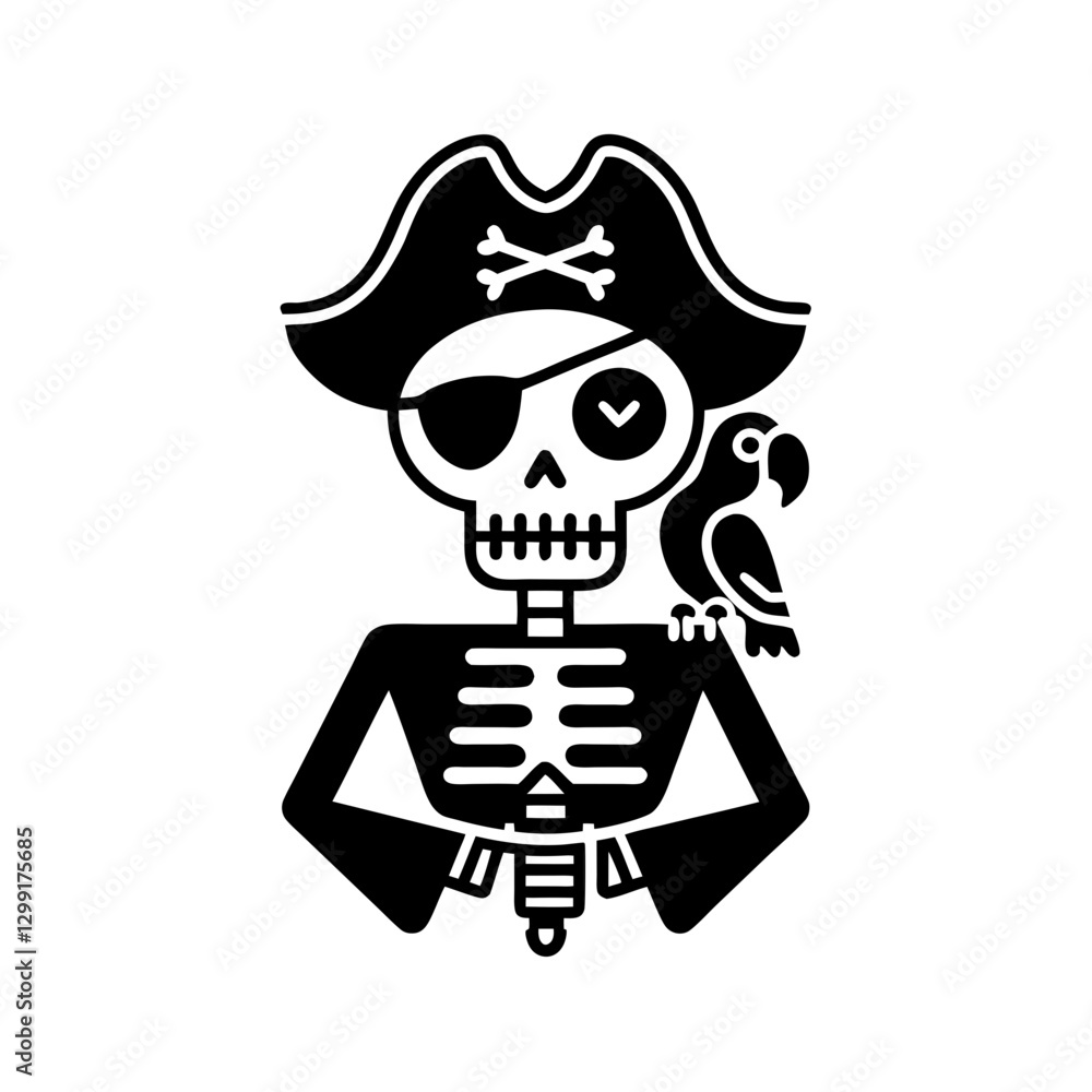 Pirate Skeleton Vector Art with Parrot in Halloween Costume Design Pirate Skeleton Vector Art with Parrot in Halloween Costume Design