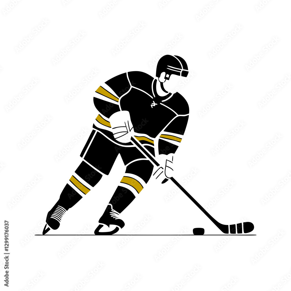 Fototapeta premium Ice Hockey Player Silhouette Vector Skating with Stick and Puck
