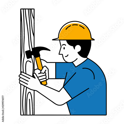 Construction Worker Hammering Wood in Hard Hat Vector Illustration