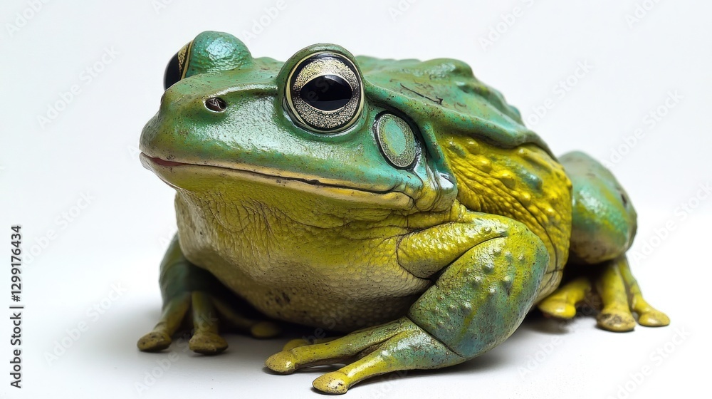 Obraz premium Close-up of a vibrant green and yellow frog on a plain background