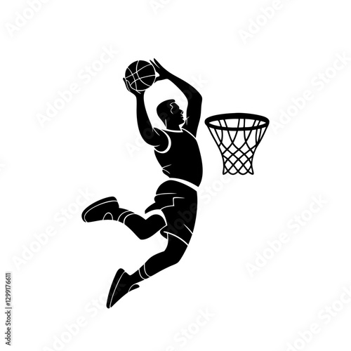 Vector Illustration Silhouette Basketball Player Dunking Ball in Action