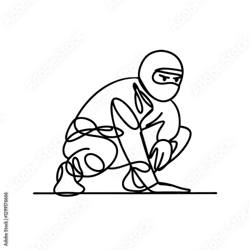 Ninja Warrior Crouched One Line Drawing Minimalist Vector Art