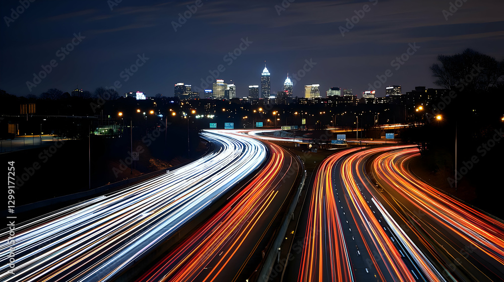 Obraz premium Night Cityscape With Illuminated Highways And Blurred Light Trails Leading To Downtown Skyline