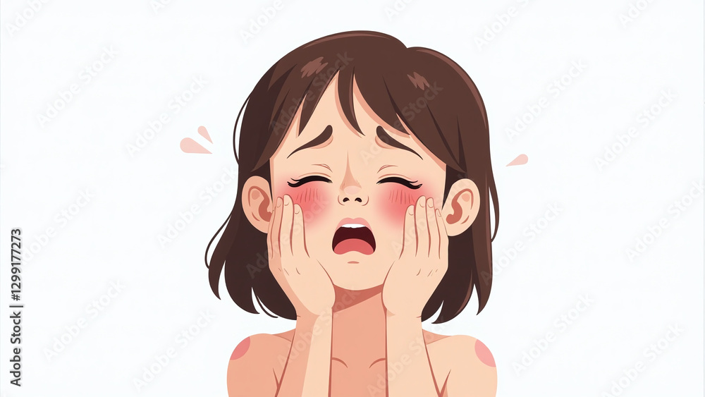 Isolated girl struggles with painful skin problems on white backdrop. Isolated girl struggles with painful skin problems on white backdrop.