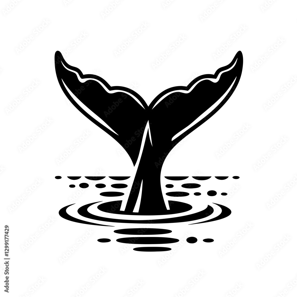 Whale Tail Silhouette Emerging from Ocean Waves Minimalist Vector Art Design