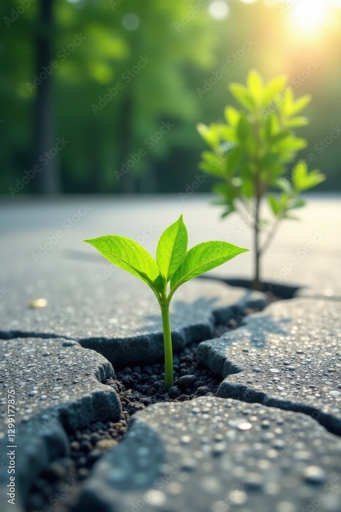 Resilience and Growth Saplings Emerging from Cracked Pavement in a Sunny Park Setting Resilience and Growth Saplings Emerging from Cracked Pavement in a Sunny Park Setting