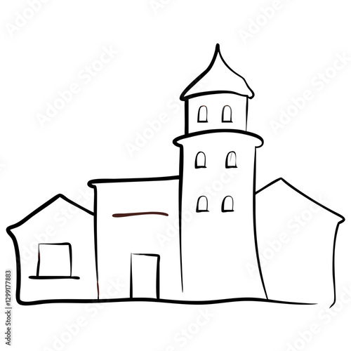 Minimalistic Outline of Medieval Building with Tower and Windows Vector Art