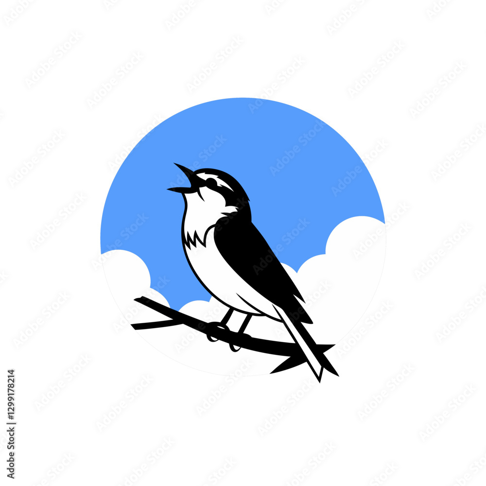 Obraz premium Vector Illustration Singing Bird on Branch with Blue Sky and Clouds