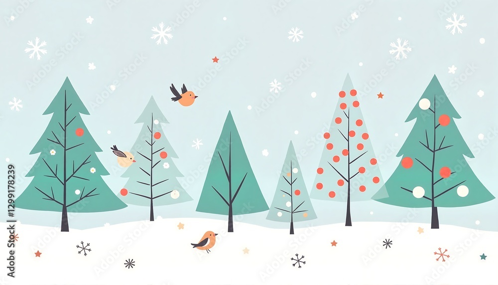 Winter landscape with animated trees and flying birds Winter landscape with animated trees and flying birds