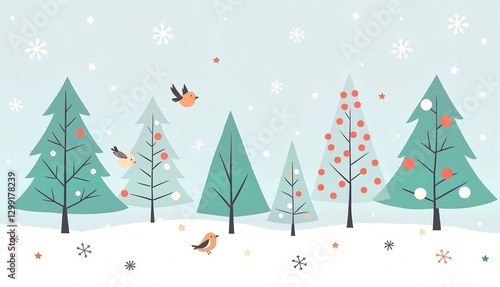 Winter landscape with animated trees and flying birds