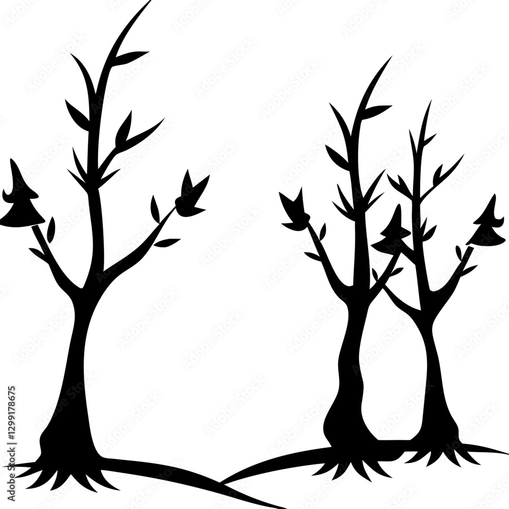 Fototapeta premium Black Silhouette Artistic Trees with Stark Branches on Purple Background Vector Illustration