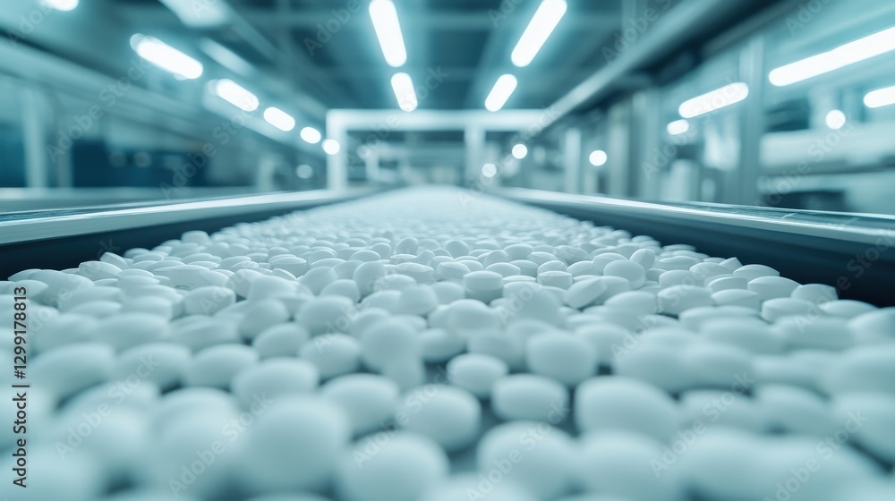Tiny Round White Tablets Rolling Down a Smooth Conveyor Belt Tiny Round White Tablets Rolling Down a Smooth Conveyor Belt