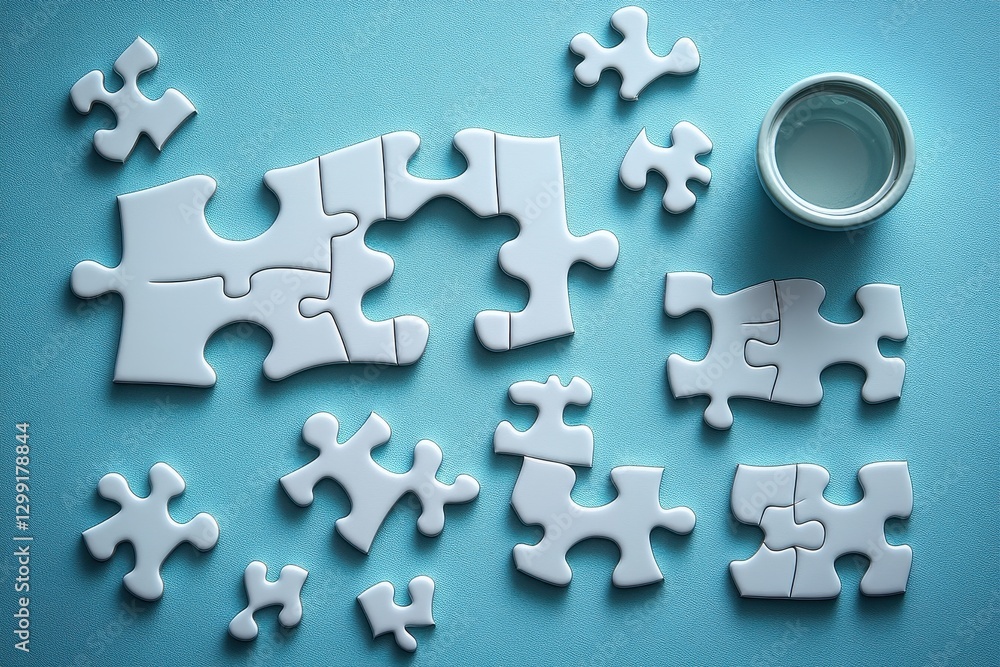 Puzzle pieces scattered on a blue background with a small bowl nearby inviting creativity and mindfulness during leisure time Puzzle pieces scattered on a blue background with a small bowl nearby inviting creativity and mindfulness during leisure time