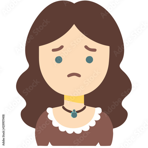 Sad Woman with Brown Hair Vector Illustration with Necklace and Scalloped Dress