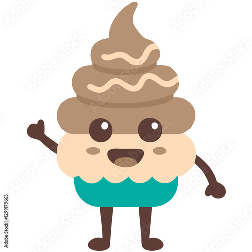 Cute Cartoon Cupcake Character with Chocolate Frosting Holding Up Hand