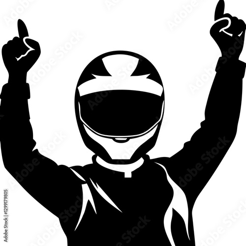 Victory Celebration Race Car Driver Silhouette With Helmet and Raised Arms Vector Art