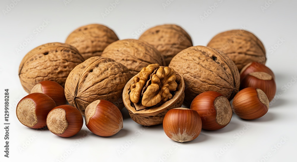 Walnuts and Hazelnuts Close-up Displayed on White Background Premium Food Photography Walnuts and Hazelnuts Close-up Displayed on White Background Premium Food Photography